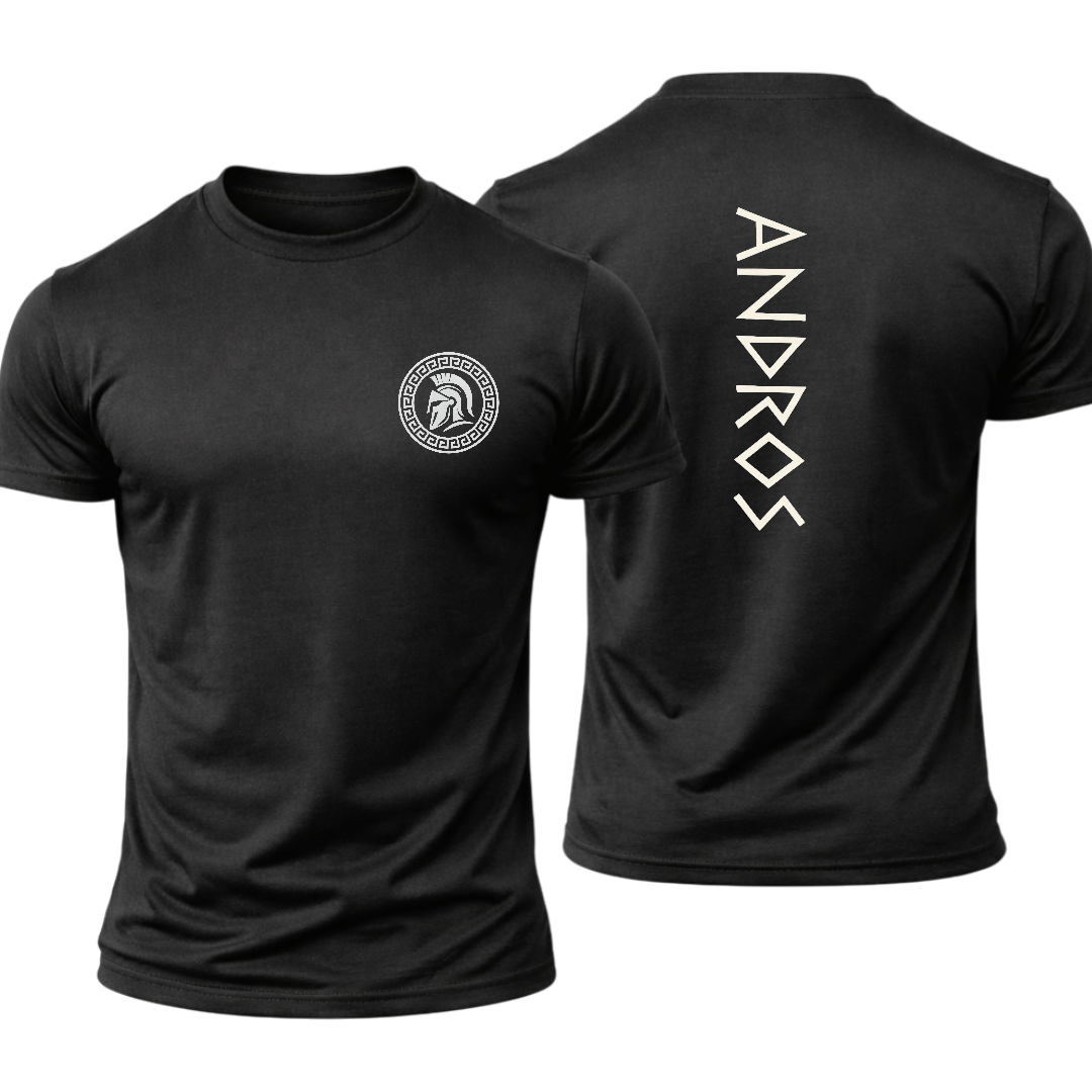 Black t-shirt with 'Andros' logo on front and back