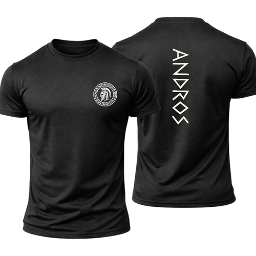 Black t-shirt with 'Andros' logo on front and back